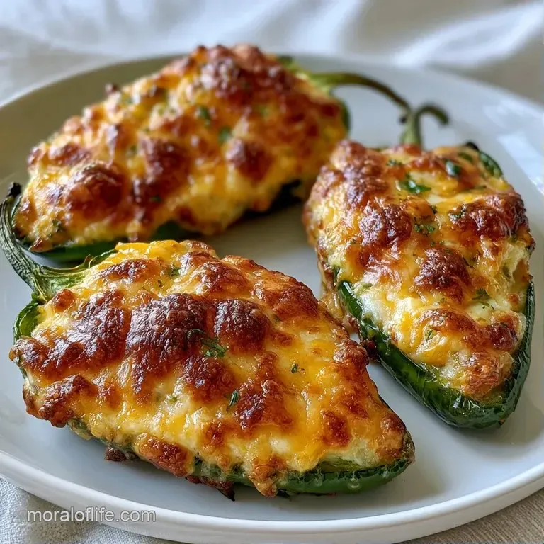 Vibrant green peppers topped with toasted cheese, arranged neatly on a white ceramic plate with fresh parsley.