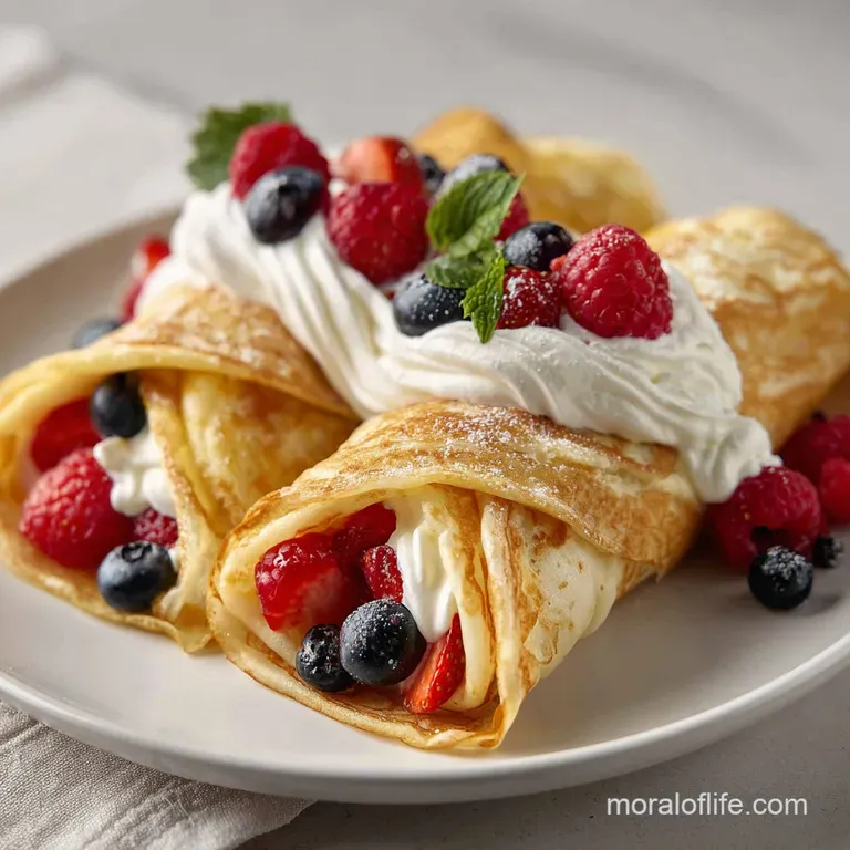 Three fluffy folded pancakes on a white ceramic plate with sliced strawberries and a dusting of powdered sugar.