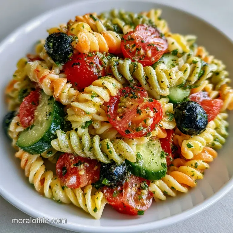 Large ceramic bowl filled with multicolored pasta, bright red cherry tomatoes, and fresh emerald green parsley.
