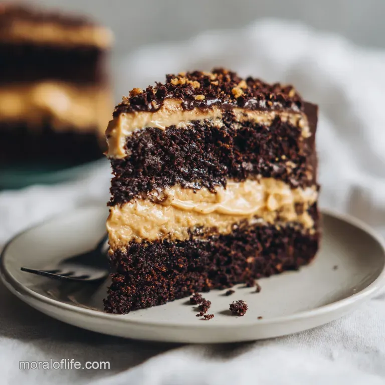 A slice of decadent chocolate and peanut butter cake on a white plate, garnished with a sprinkle of cocoa powder.