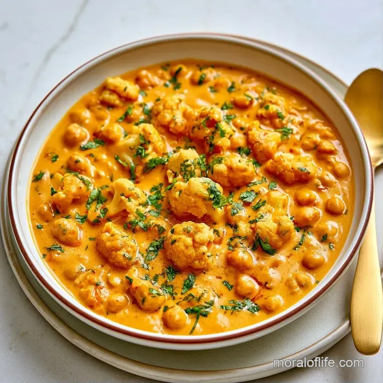 A rustic ceramic bowl of creamy golden curry garnished with fresh green herbs and crunchy nuts on a wooden table.
