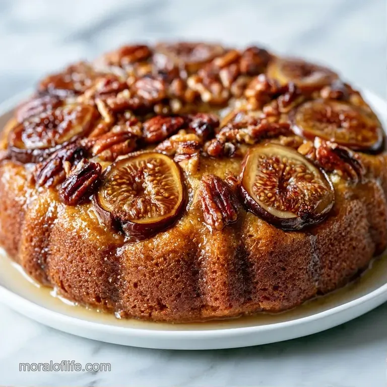 A neat slice of moist cake topped with a jammy glazed fig and golden pecans on a minimalist matte black plate.