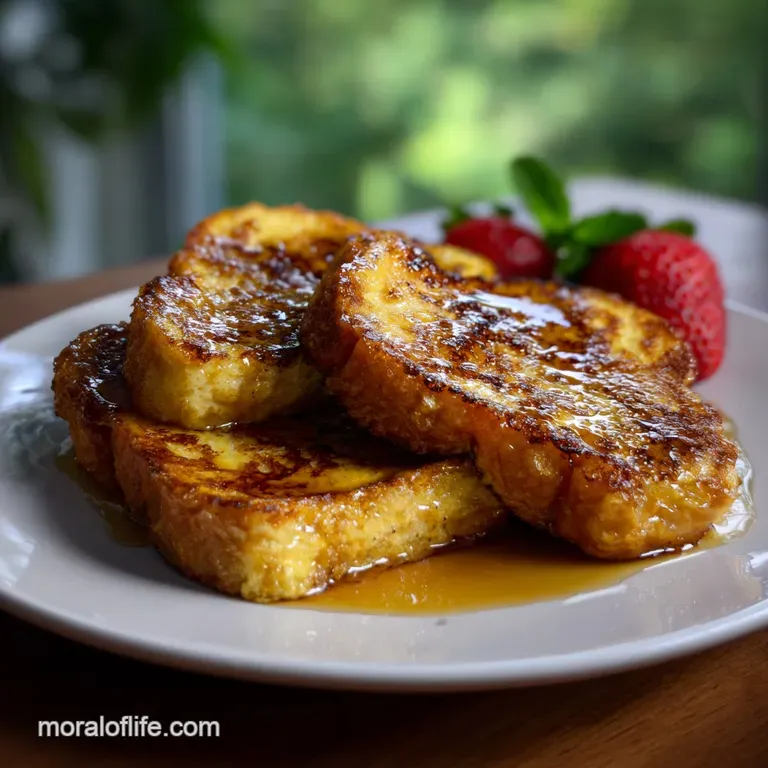 Elegant plate of golden French toast, dusted with powdered sugar, and a side of fresh fruit, promising a delightful treat.