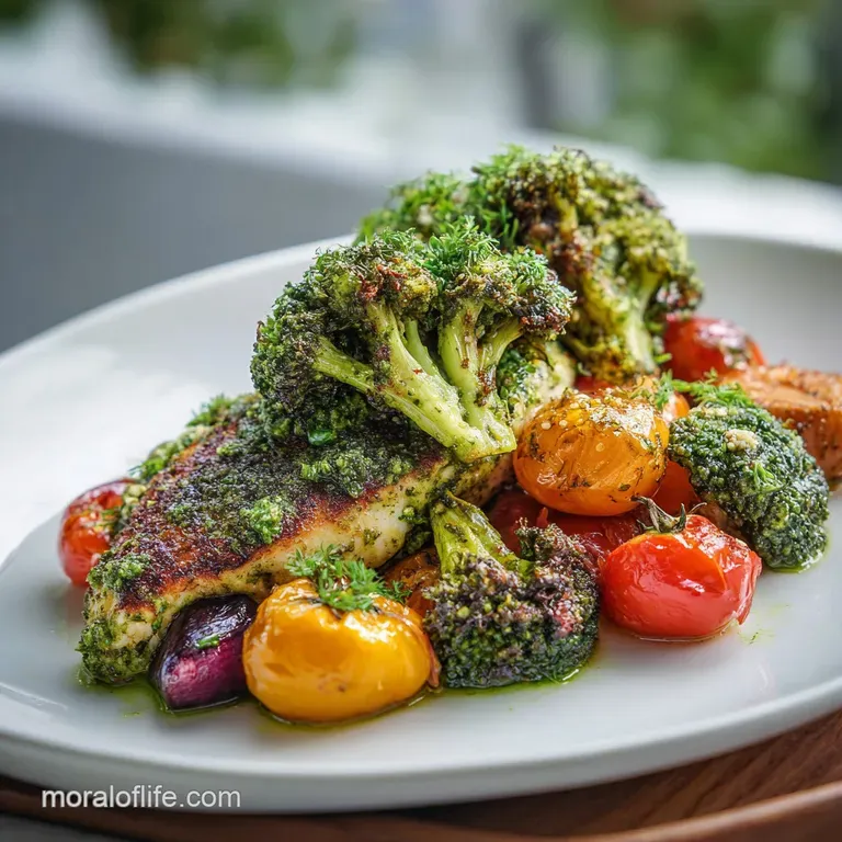 A white ceramic plate with sliced chicken and colorful vegetables drizzled in vibrant green pesto and fresh parsley.