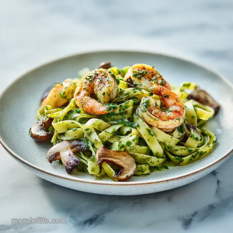 A twirl of green-coated pasta topped with seared shrimp and mushrooms, garnished with parmesan and a fresh basil leaf.
