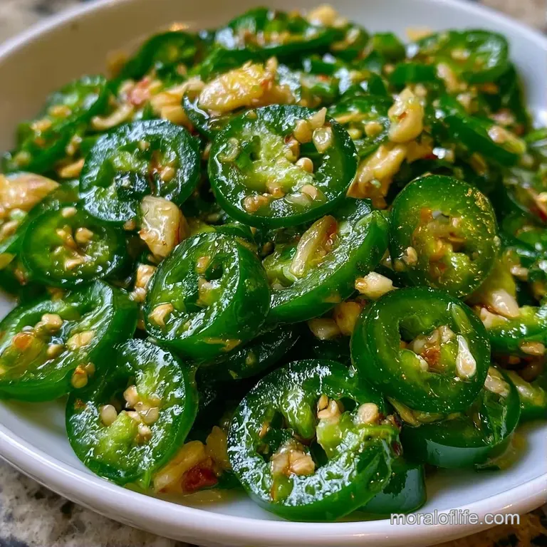 Glossy, translucent green pepper rings piled neatly on a small white ceramic saucer beside a sprig of cilantro.