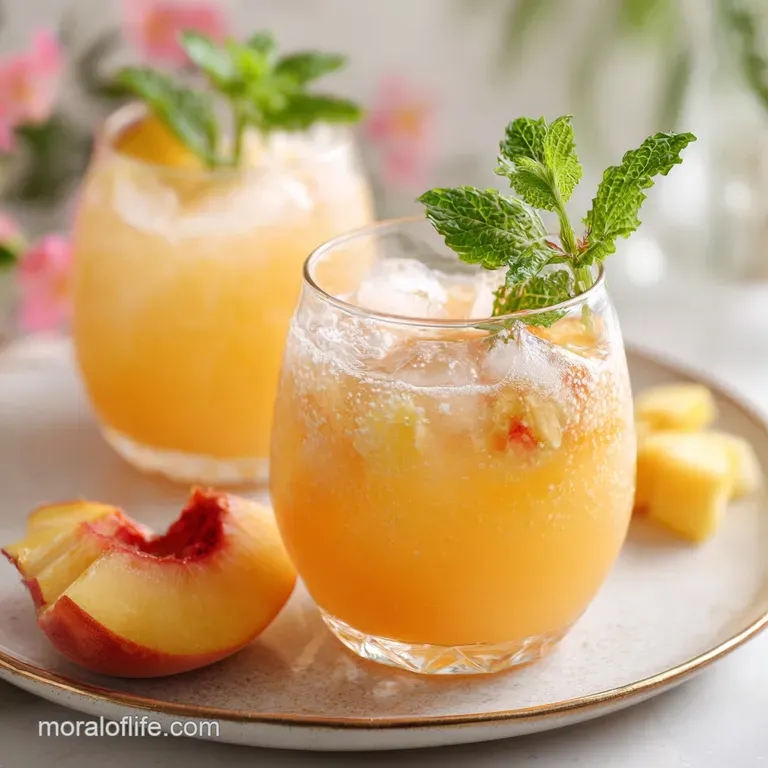 Tall glass of chilled agua fresca, garnished with a fresh peach wedge and pineapple leaf. Condensation glistens on the glass.
