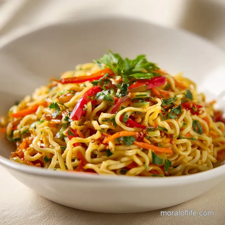 A colorful ramen noodle salad artfully arranged in a white bowl, topped with toasted sesame seeds.