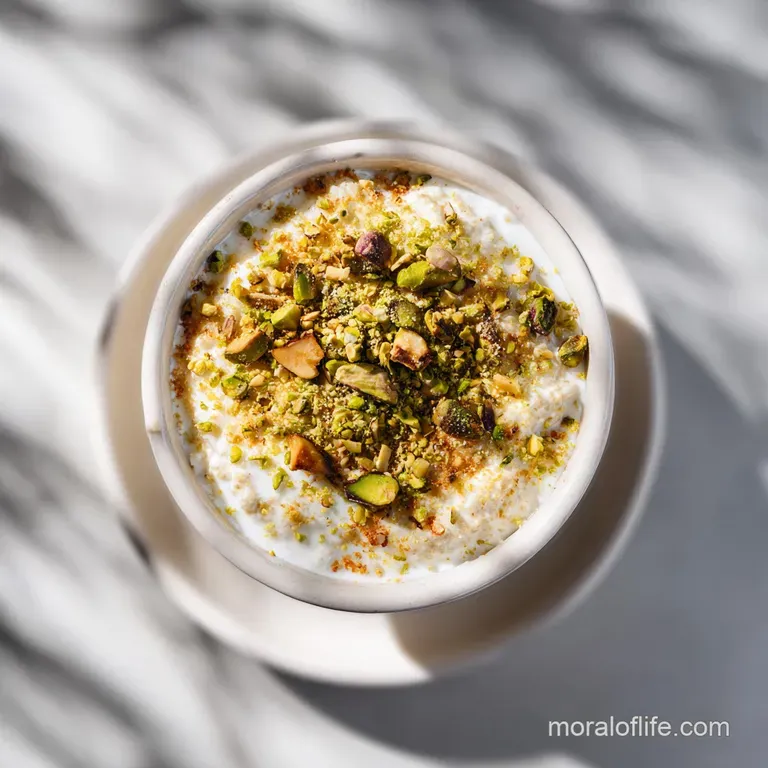 A delicate bowl of pistachio oatmeal, topped with vibrant green pistachios and snowy coconut flakes. Steaming gently, serv...