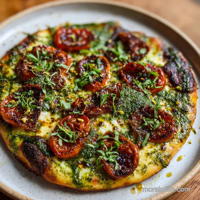 A slice of pistachio pesto pizza with a generous burrata ball, sits atop a rustic plate. Steam rises, hinting at its fresh...