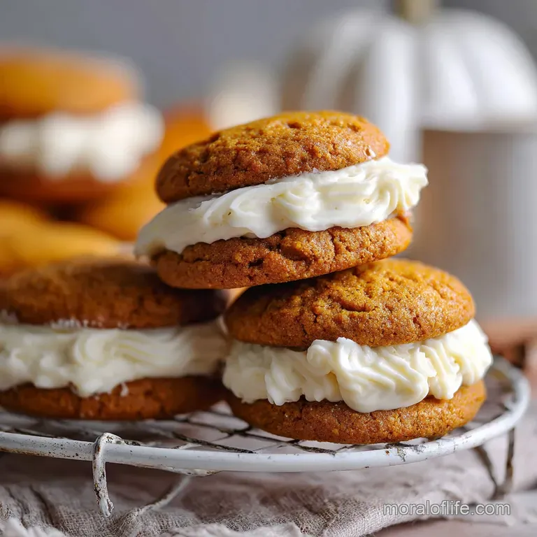 Stack of frosted pumpkin cookies on a white plate; creamy swirls & spice dust detail. Fall dessert elegance.