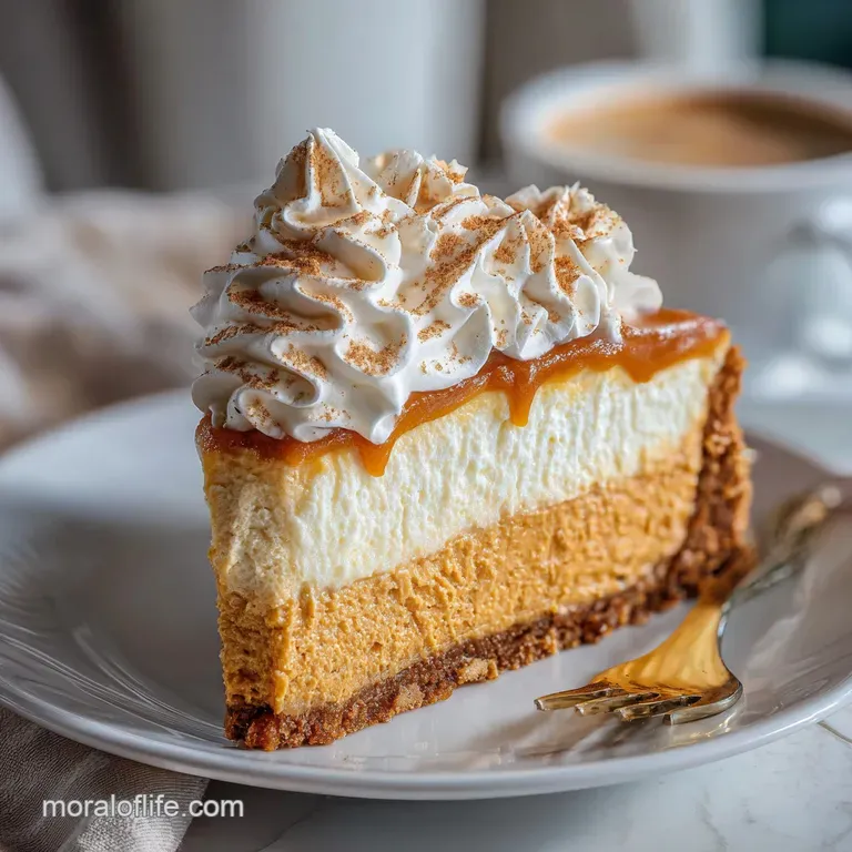 Slice of pumpkin cheesecake with defined layers, garnished with whipped cream and gingersnap crumbs, inviting and rustic.