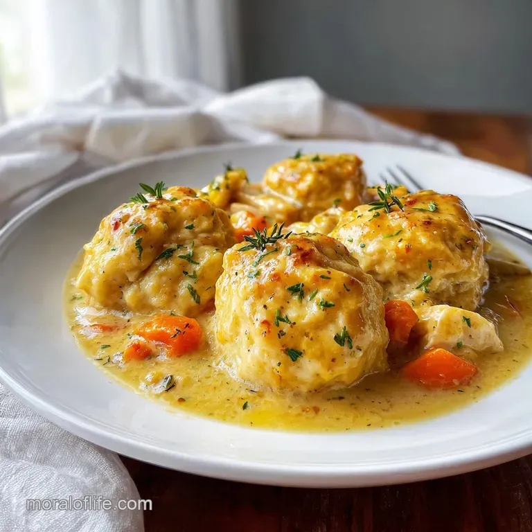 Creamy chicken and dumpling stew served in a white bowl, garnished with parsley. Steam rises, promising a warm meal.