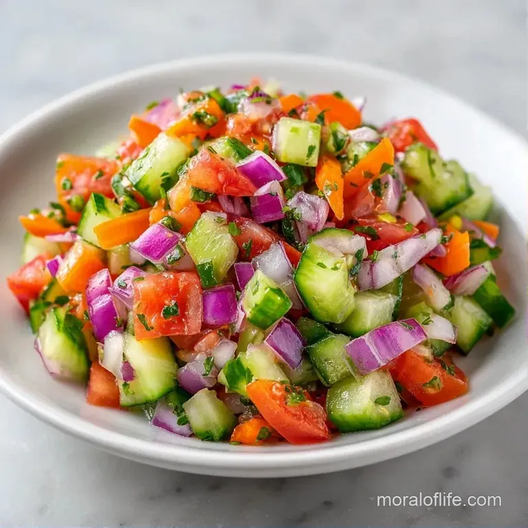 Freshly tossed diced vegetables and chickpeas served in a ceramic bowl topped with a sprinkle of green cilantro.