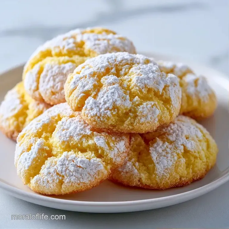 A neat stack of bright yellow citrus treats dusted in white sugar, garnished with a fresh lemon slice on a platter.