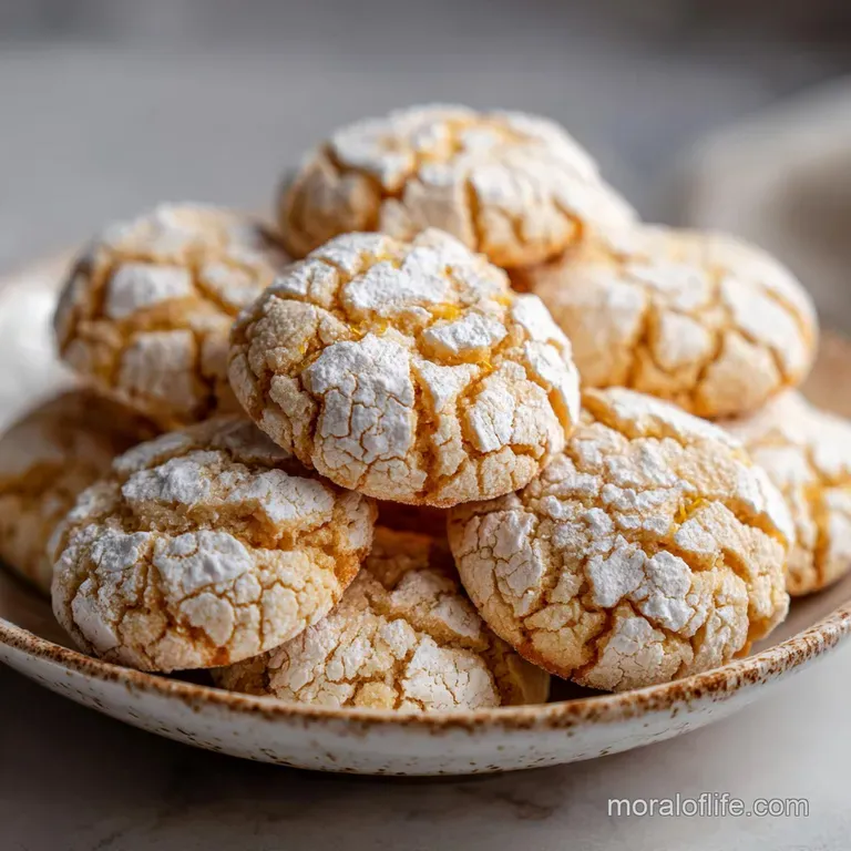 Two lemon crinkle cookies stacked on a white plate, powdered sugar lightly coating the textured tops. Inviting and bright.