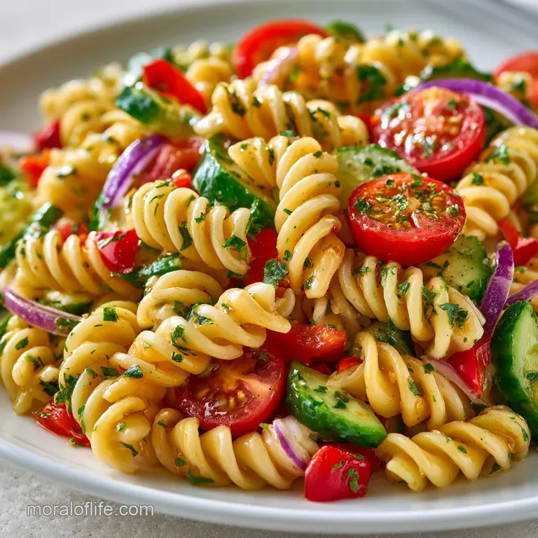 Bright pasta salad served in a white ceramic bowl with fresh parsley sprigs and a sprinkle of cracked black pepper.