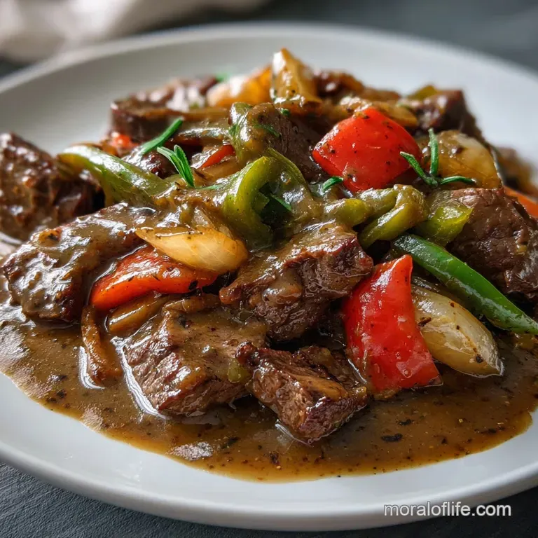 Sizzling pepper steak, artfully plated with fluffy white rice. The vibrant green of scallions adds freshness and pops of c...