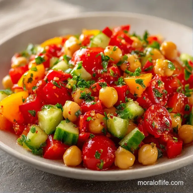 Fresh diced vegetables arranged on a white ceramic plate with a glistening golden vinaigrette and cracked pepper.