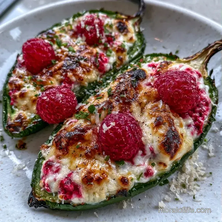 Small green peppers stuffed with white cheese on a white ceramic platter, garnished with fresh mint and berries.