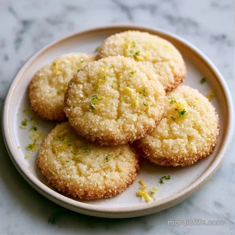Stacked pale yellow cookies on a white platter with bright lemon zest and a fresh mint sprig on the side.