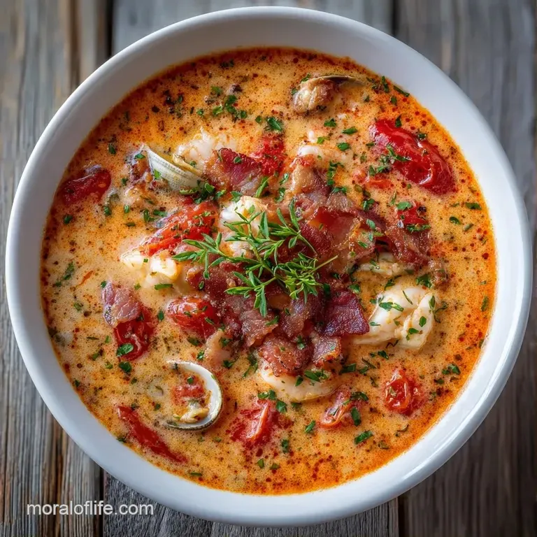 A rustic ceramic bowl of deep red seafood stew topped with fresh parsley and served with crusty toasted sourdough.