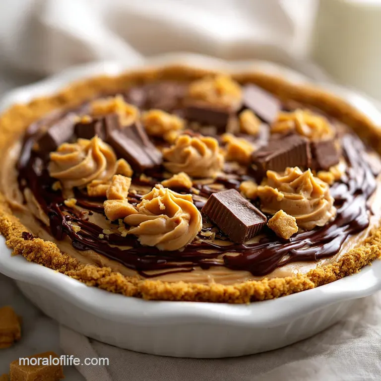 Slice of peanut butter pie with whipped cream and chocolate shavings, showcasing its layered textures.