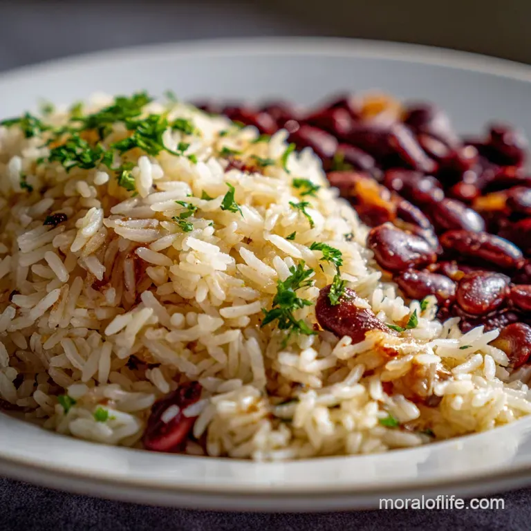 A sculpted mound of rice and peas, garnished with fresh thyme. Steam rises from the earthy tones of the grains.