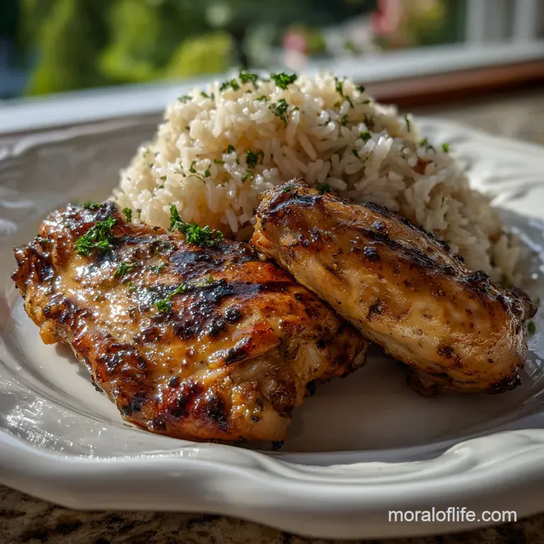 Artfully arranged grilled chicken, showcasing char marks, beside a mound of rice, garnished with fresh herbs and a drizzle...