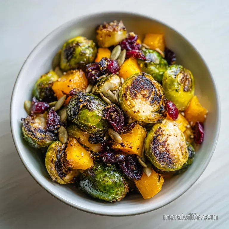 Vibrant orange squash cubes and charred green sprouts arranged neatly on a matte ceramic platter with herb garnish.
