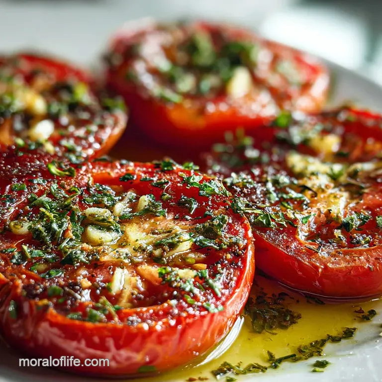 Elegant plate of deep red tomato sauce with visible herbs and garlic, drizzled with olive oil, a rustic and flavorful pres...