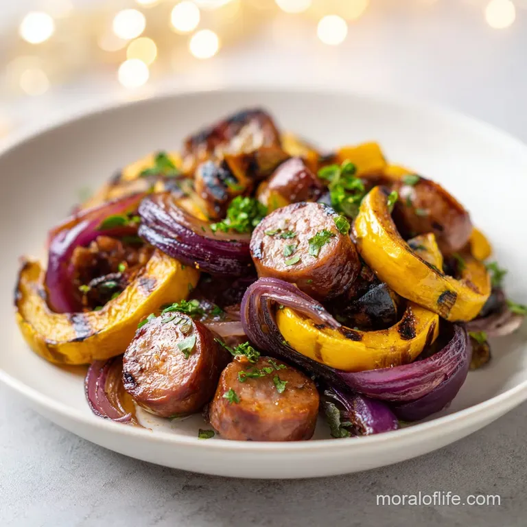 Elegant arrangement of roasted orange squash and seared sausage slices topped with fresh herbs on a white platter.