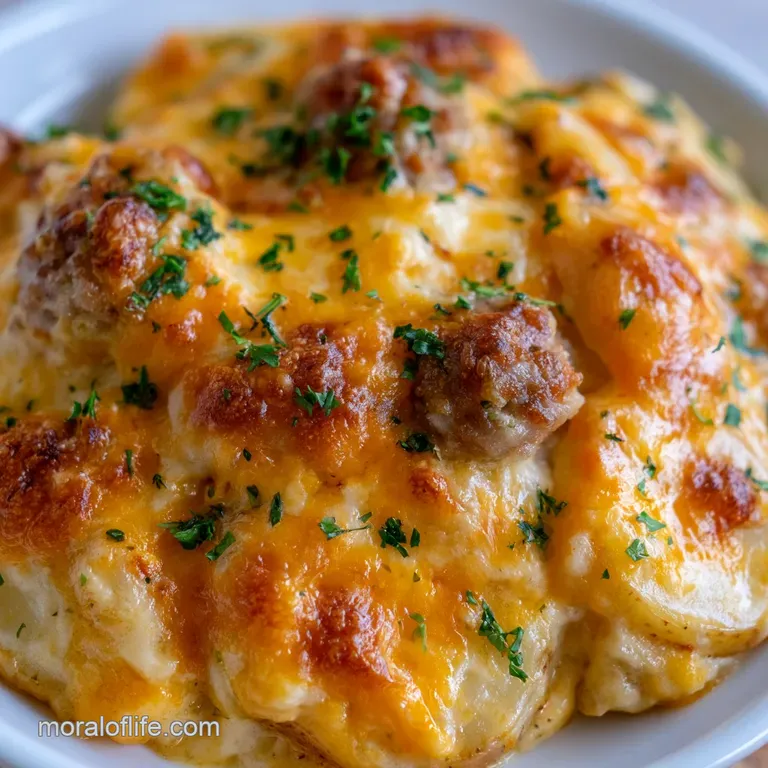 A hearty scoop of cheesy potato and sausage bake served on a white plate alongside vibrant steamed green beans.