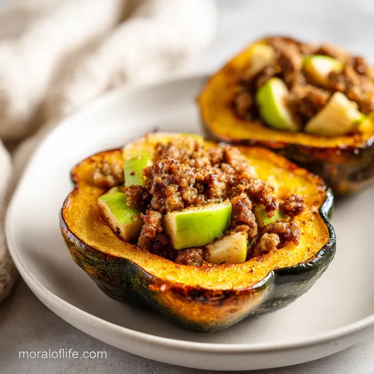 Halved roasted squash filled with savory browned meat and herbs, garnished with fresh parsley on a rustic wooden table.