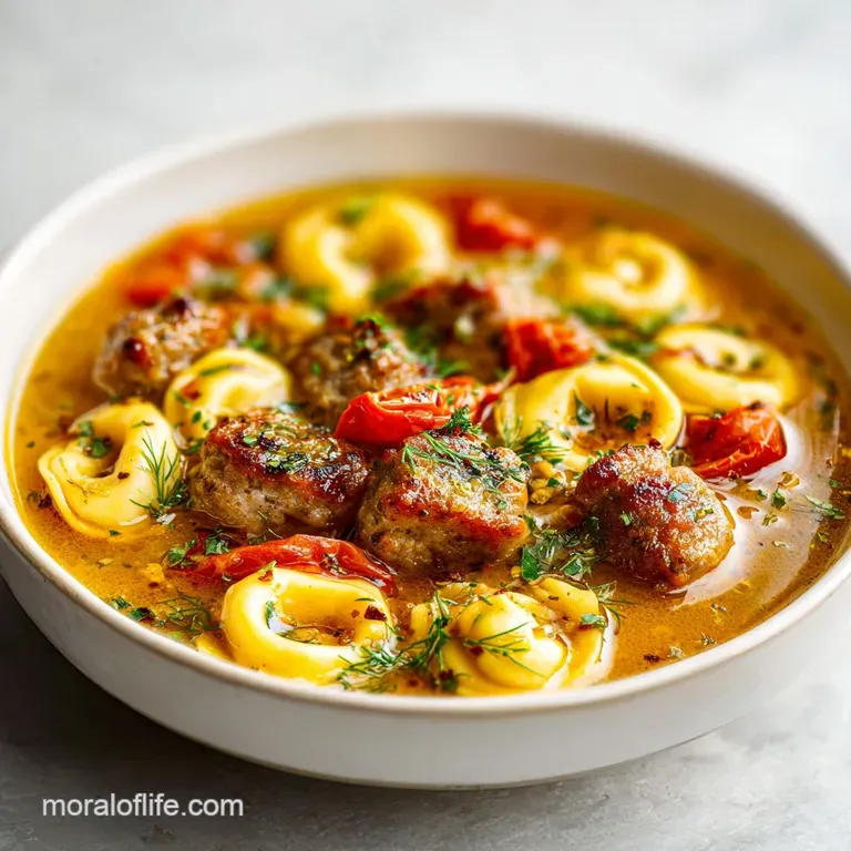 A white ceramic bowl of creamy soup with wilted spinach, golden pasta, and a sprinkle of fresh parsley.