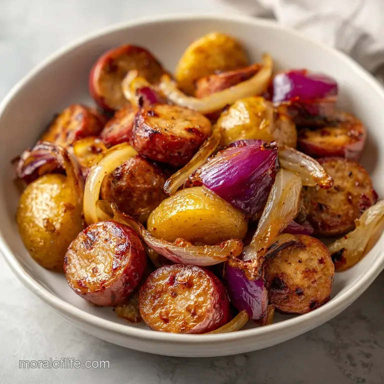 Neatly plated golden sausage rounds and charred, colorful vegetables on a white ceramic dish with fresh parsley.