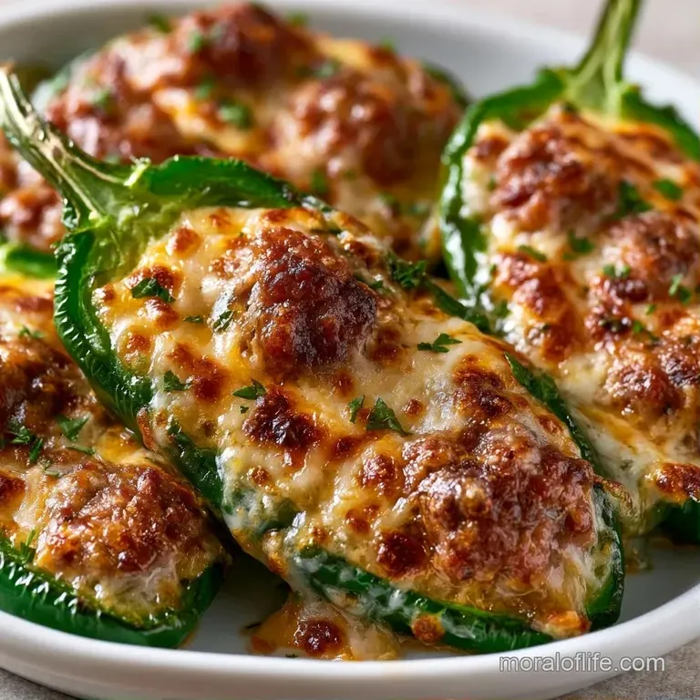 Sizzling stuffed peppers arranged on a white platter, garnished with fresh parsley and a dusting of paprika.