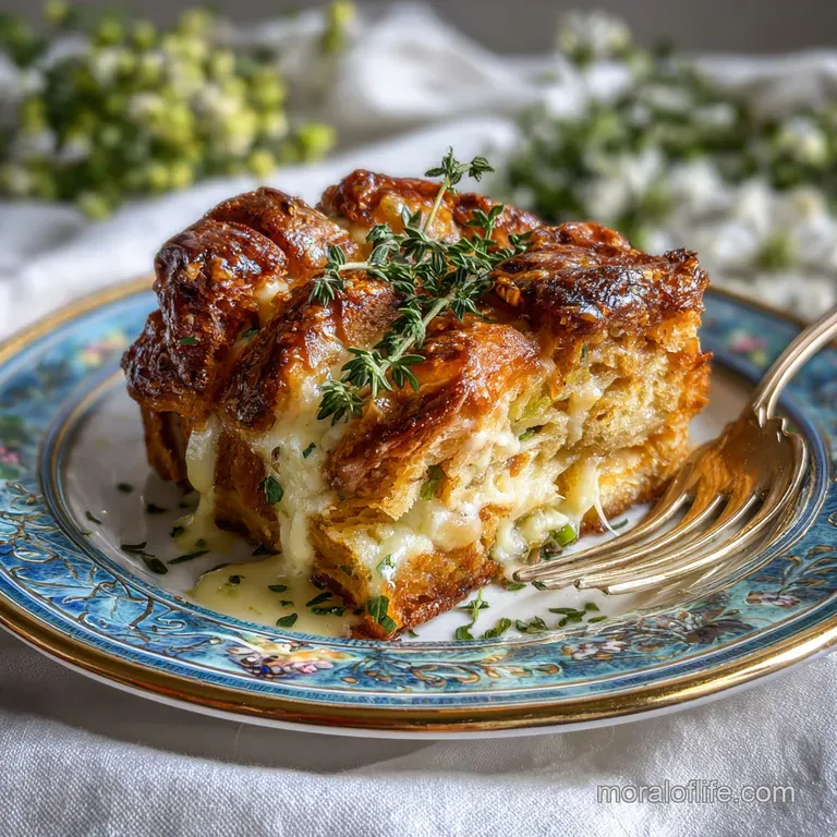 Buttery croissant bake slice on a plate, showcasing flaky layers, golden crust, and gooey cheese. Garnished with fresh thyme.
