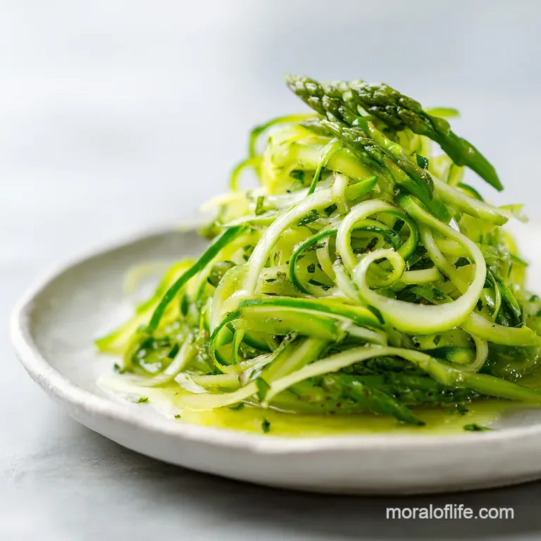 Elegant plate of shaved asparagus salad: wispy greens tossed in lemon dressing, topped with flaky parmesan and toasted nuts.