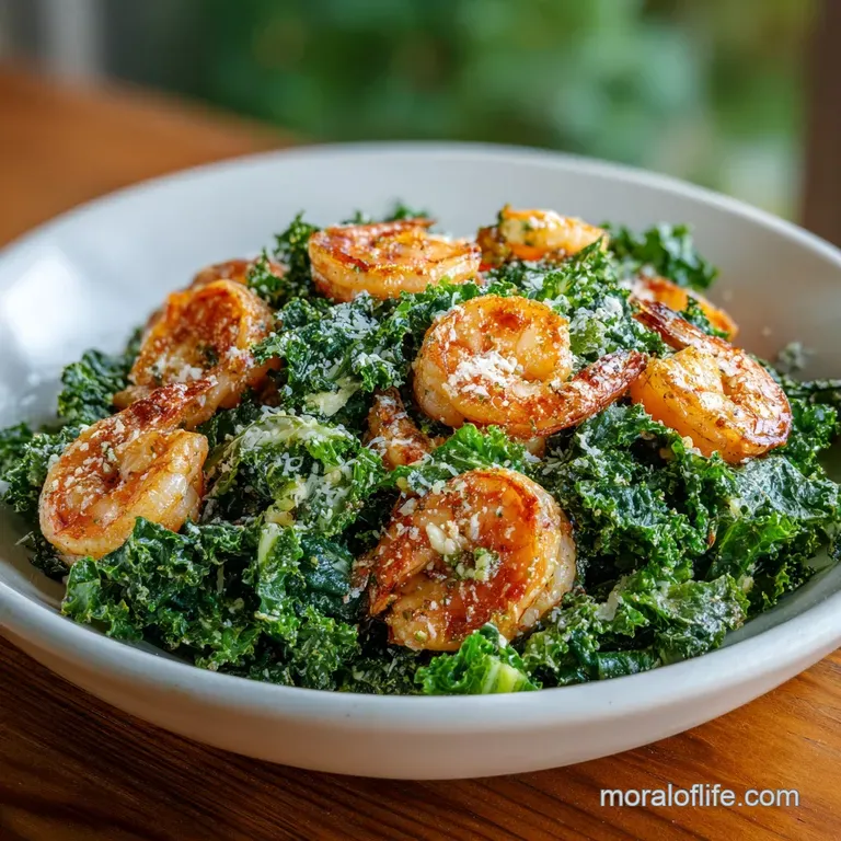 Plated Caesar salad featuring plump, juicy shrimp nestled in vibrant kale, drizzled with creamy dressing and sprinkled wit...