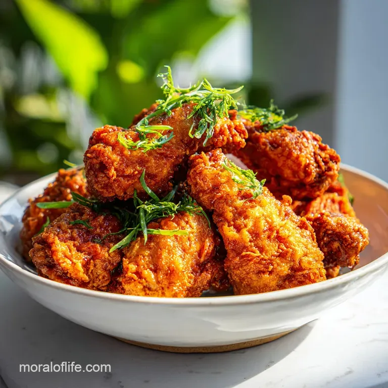 Perfectly fried chicken, golden brown and crusted, presented on a white plate with a sprig of rosemary. Inviting warmth an...