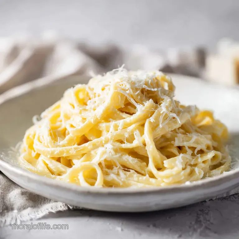 Swirls of al dente pasta coated in creamy ricotta sauce, presented on a white plate with lemon wedges and a sprinkle of bl...