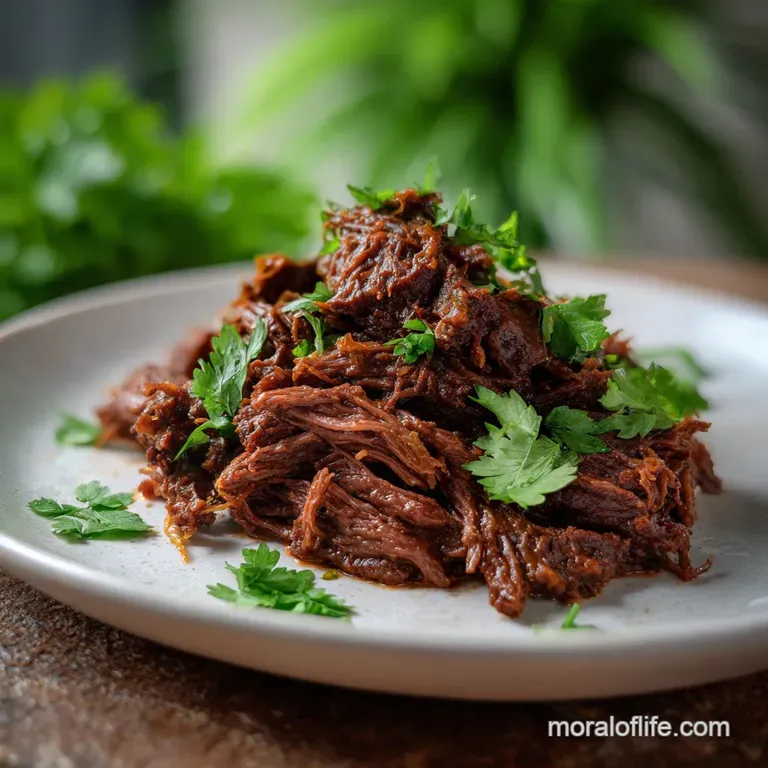 Artfully plated shredded beef. Deep brown beef contrasted with bright green parsley. Velvety sauce pooling around the tend...