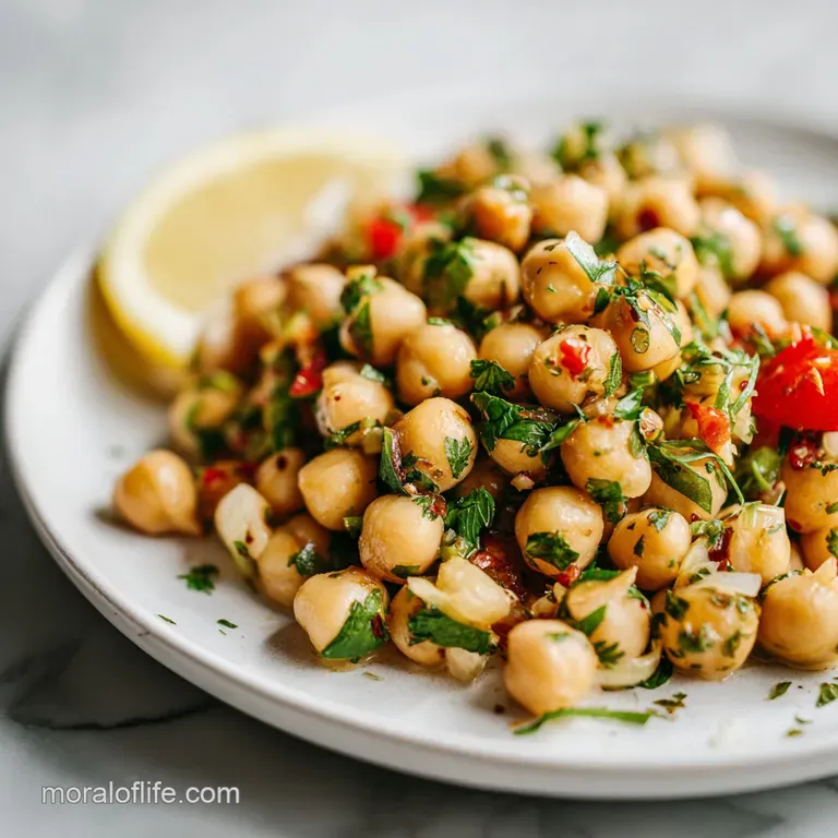 Chickpea salad artfully plated. A bright, textured mound drizzled with lemon, next to a bed of leafy greens.