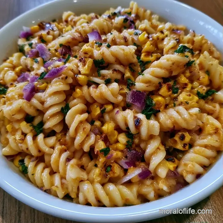 Small white ceramic bowls filled with vibrant pasta salad, garnished with a single basil leaf and cracked pepper.