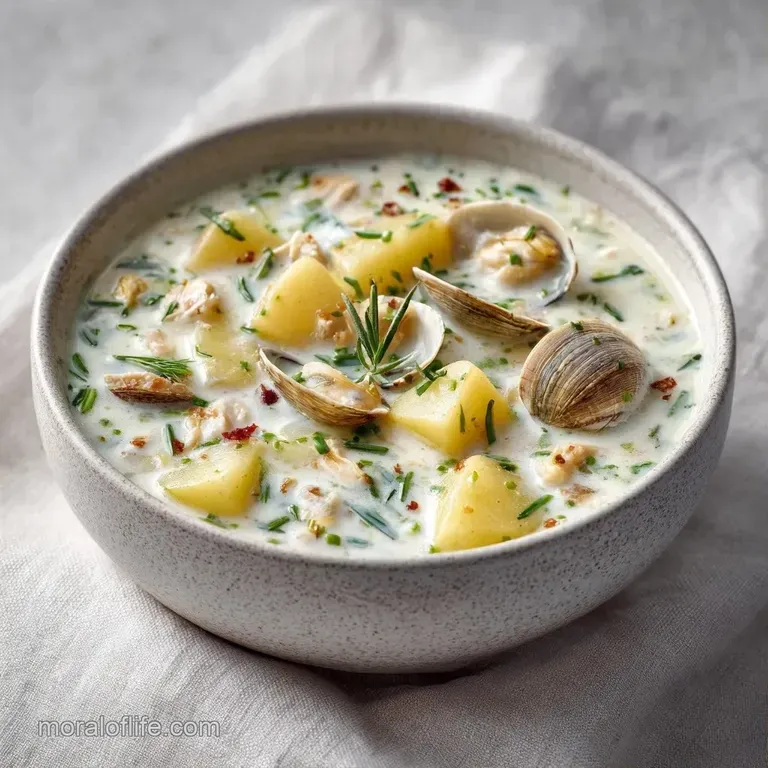 Thick white seafood bisque topped with sliced chives in a white bowl beside a crusty piece of toasted sourdough
