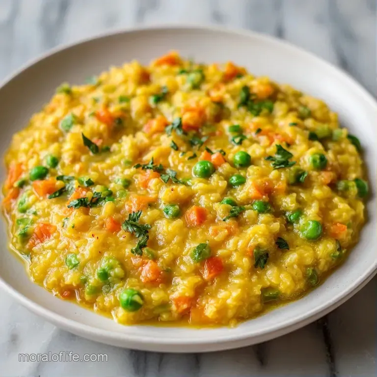 A vibrant mound of saffron-colored rice and tender vegetables served in a white bowl with a sprig of fresh cilantro.