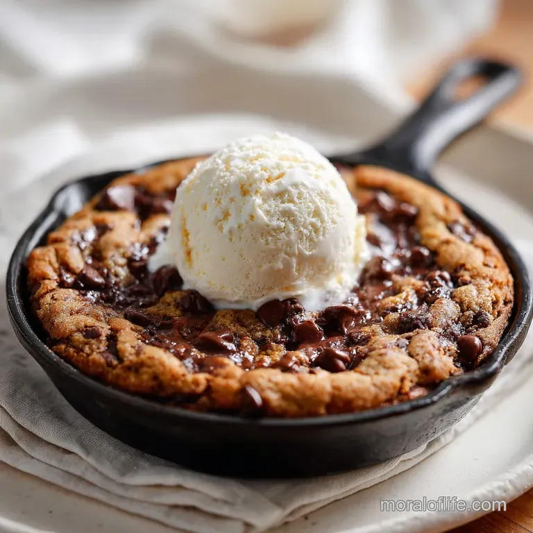 Wedges of warm chocolate chip skillet cookie arranged on white plates, topped with vanilla bean ice cream melting down the...