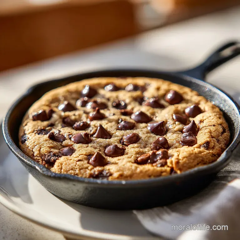 Slice of warm skillet cookie topped with vanilla ice cream, drizzled with dark chocolate syrup, and sprinkled with flaky s...
