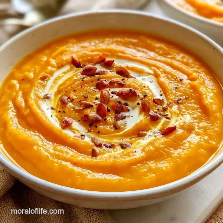 Vibrant orange puree in a minimalist white bowl, finished with a spiral of cr&egrave;me fra&icirc;che and fresh microgreens.